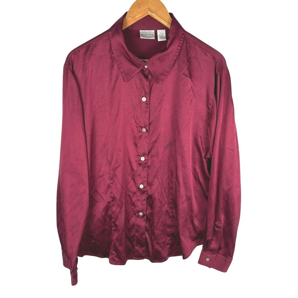 Chicos Long Sleeve Button Down Shirt Stretch Silk Sz 3 XL Burgundy Classic Party